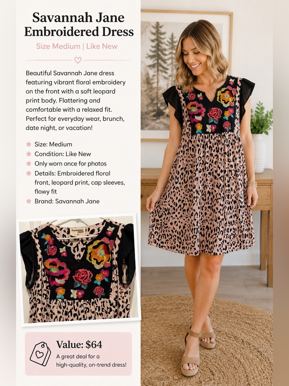 Savanna Jane Black & Beige Floral Embroidered Leopard Mini Dress